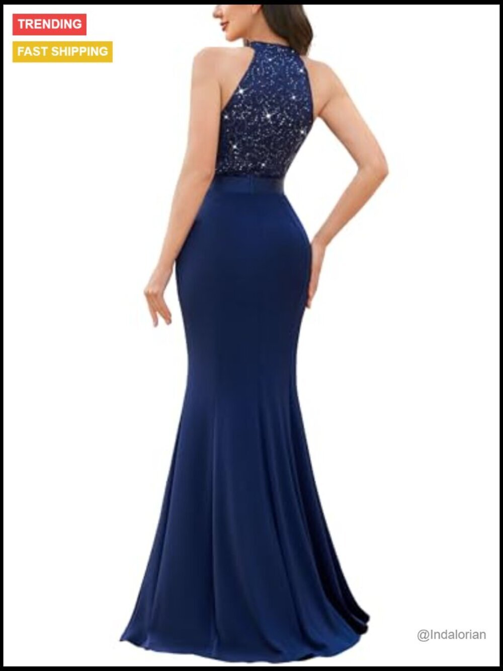 Halter V-Neck Lace Sequin Pleated Formal Evening Maxi Dress - Picture 2 of 7